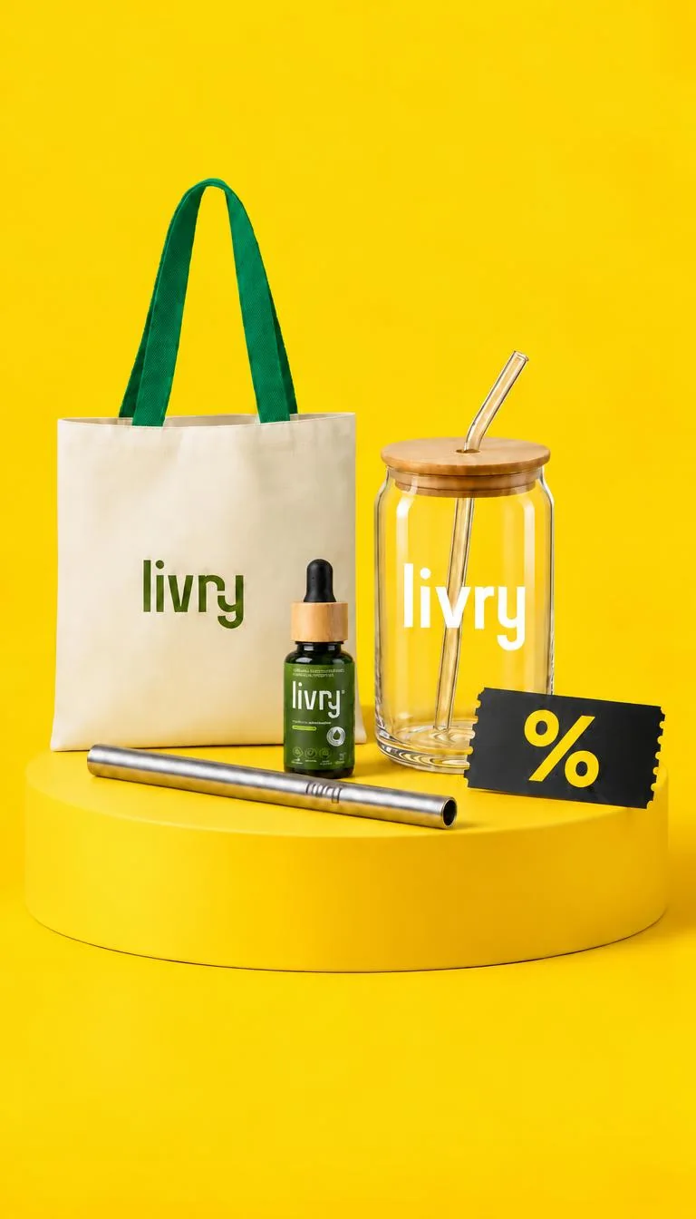 Todos os brindes da Livry Friday: frasco, copo, canudo, bolsa e cupom de desconto